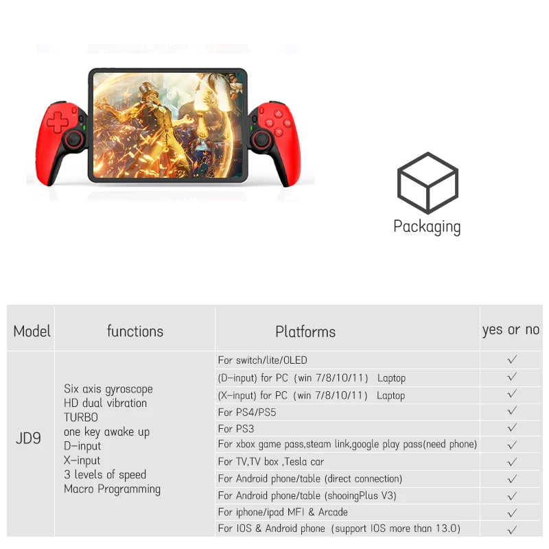 D9 Android Gamepad Mobile Phone Stretching Game Controller for IOS PC Tablet Switch PS3/PS4 Dual Hall Somatosensory Joystick