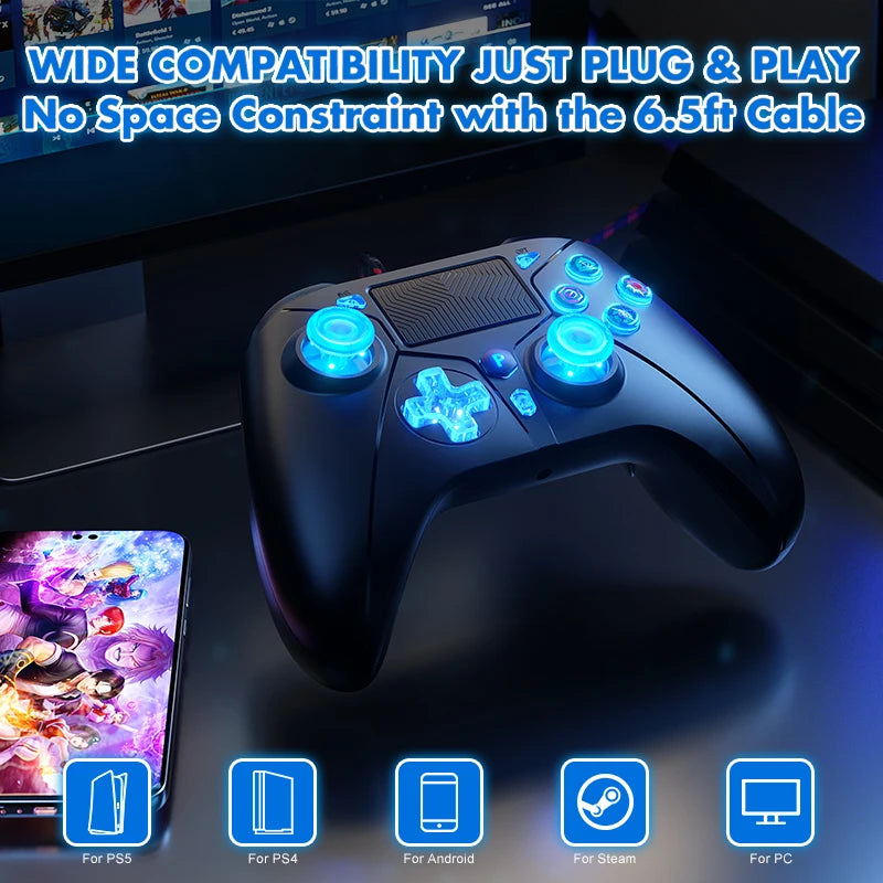 P5 RGB Controller For PS5/4/PC Console 2M Extra Long Wired Gamepad W/ Turbo Dual Vibration No Delay Instant Connect Game Control